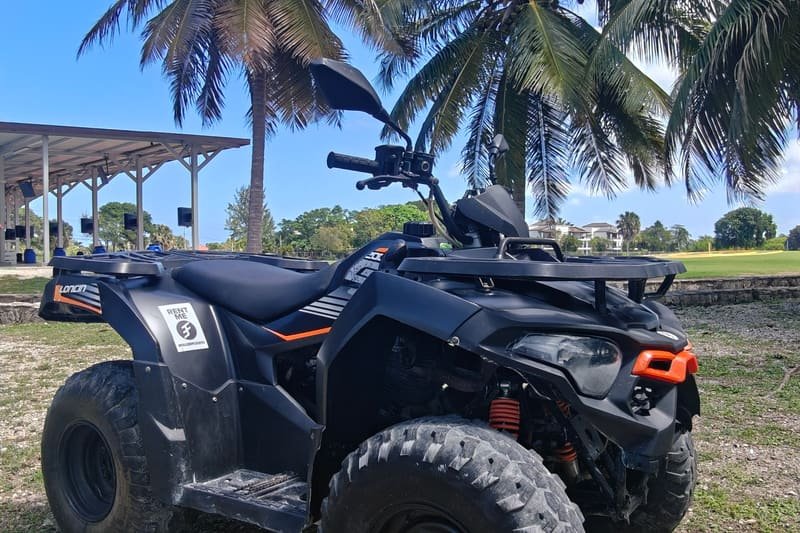 Uno de los quads Loncin de Grupo Fullequipe, de perfil, bajo las palmeras