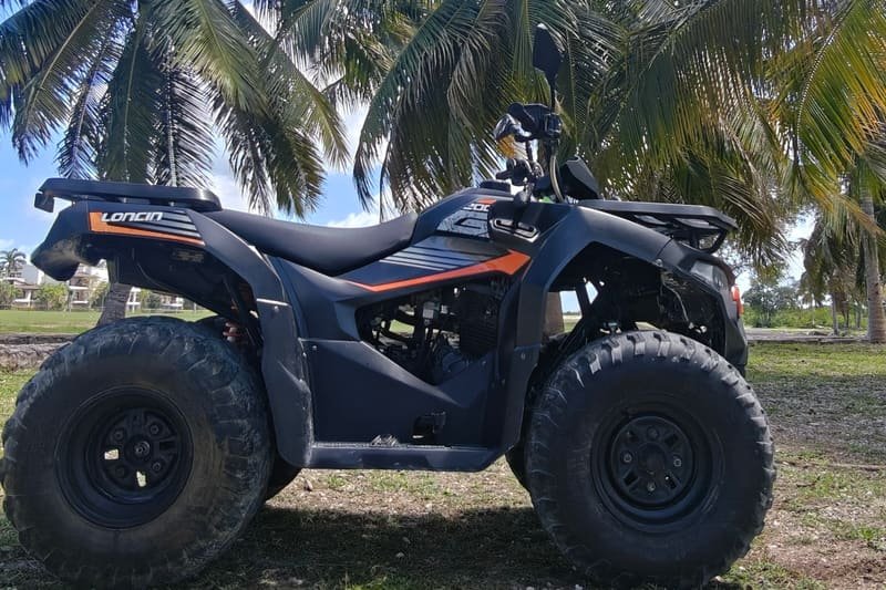 Uno de los quads Loncin de Grupo Fullequipe, de perfil, bajo las palmeras